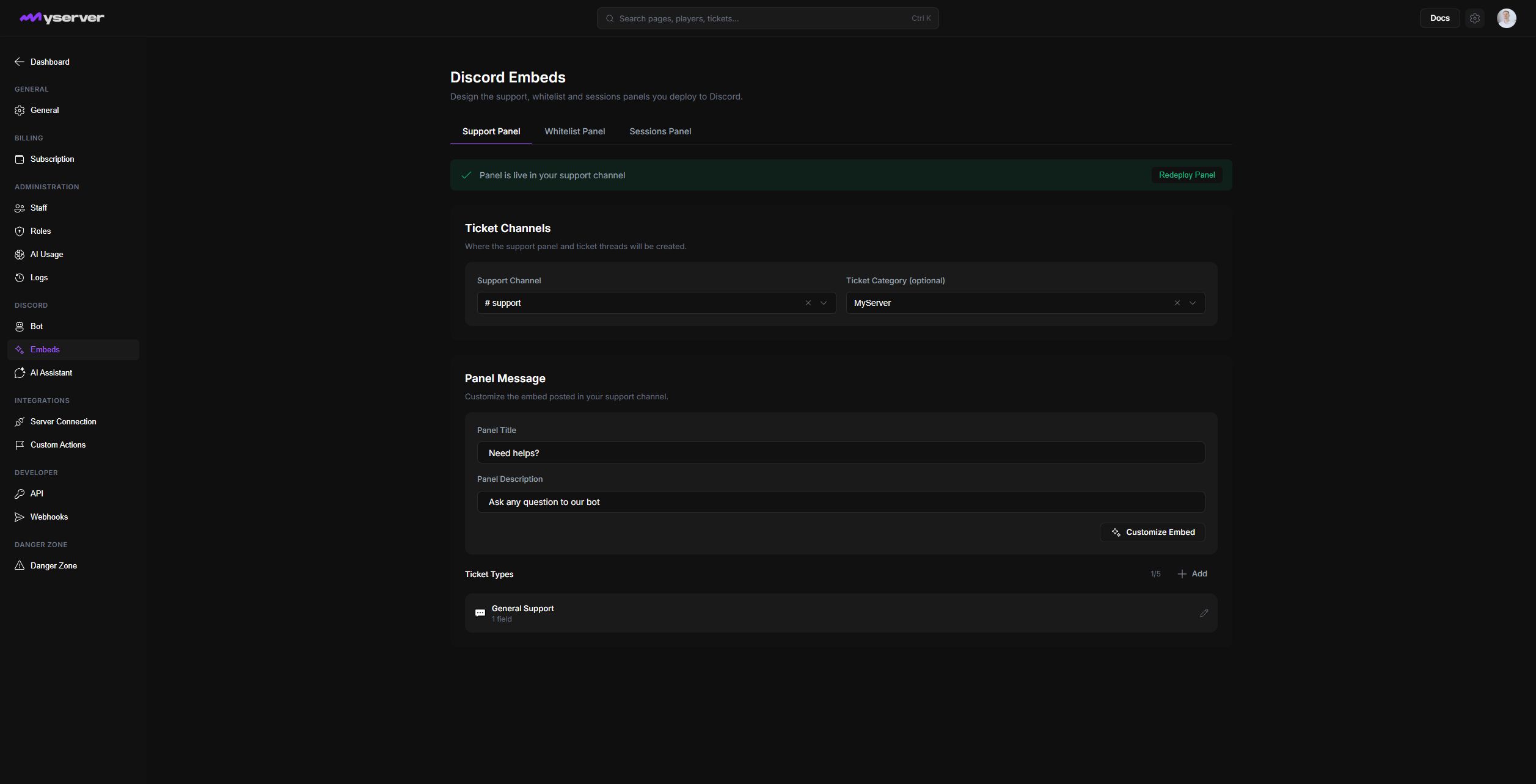MyServer Discord embed settings