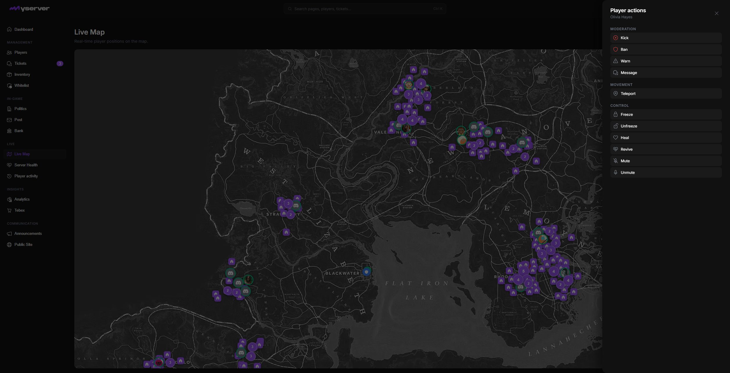 MyServer player action sheet opened from the Live Map popup