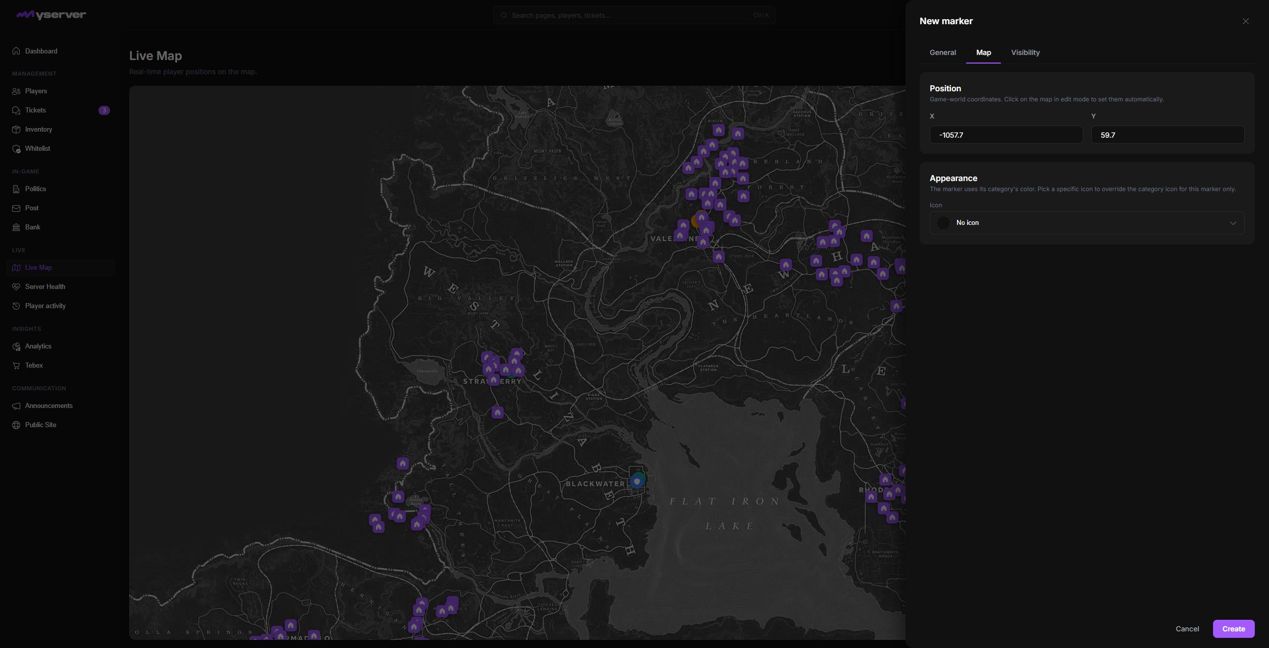 MyServer New marker sheet on the Map tab