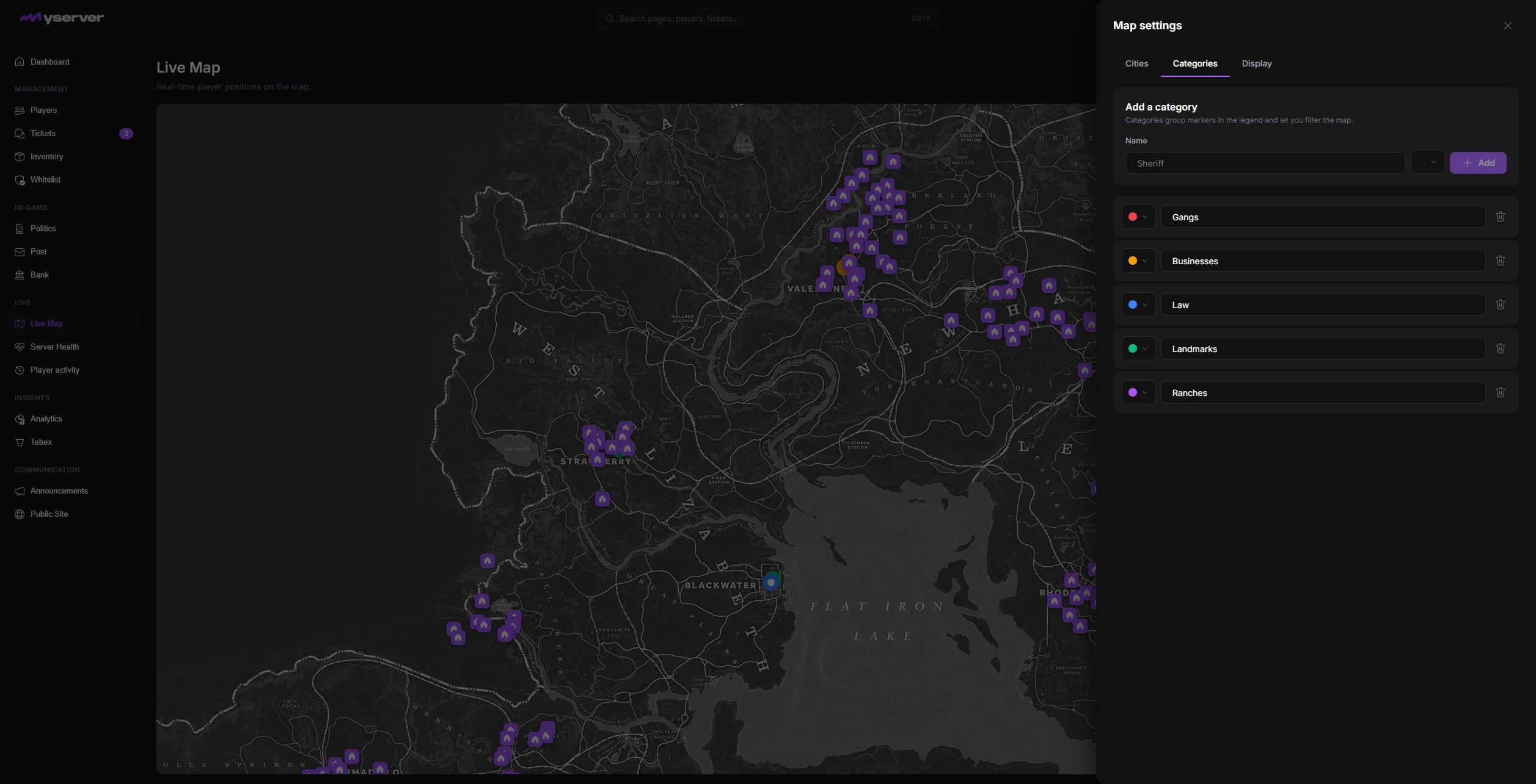 MyServer Map settings on the Categories tab