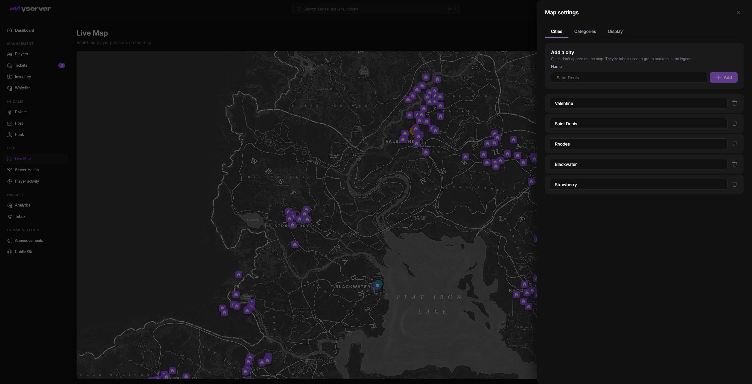 MyServer Map settings on the Cities tab