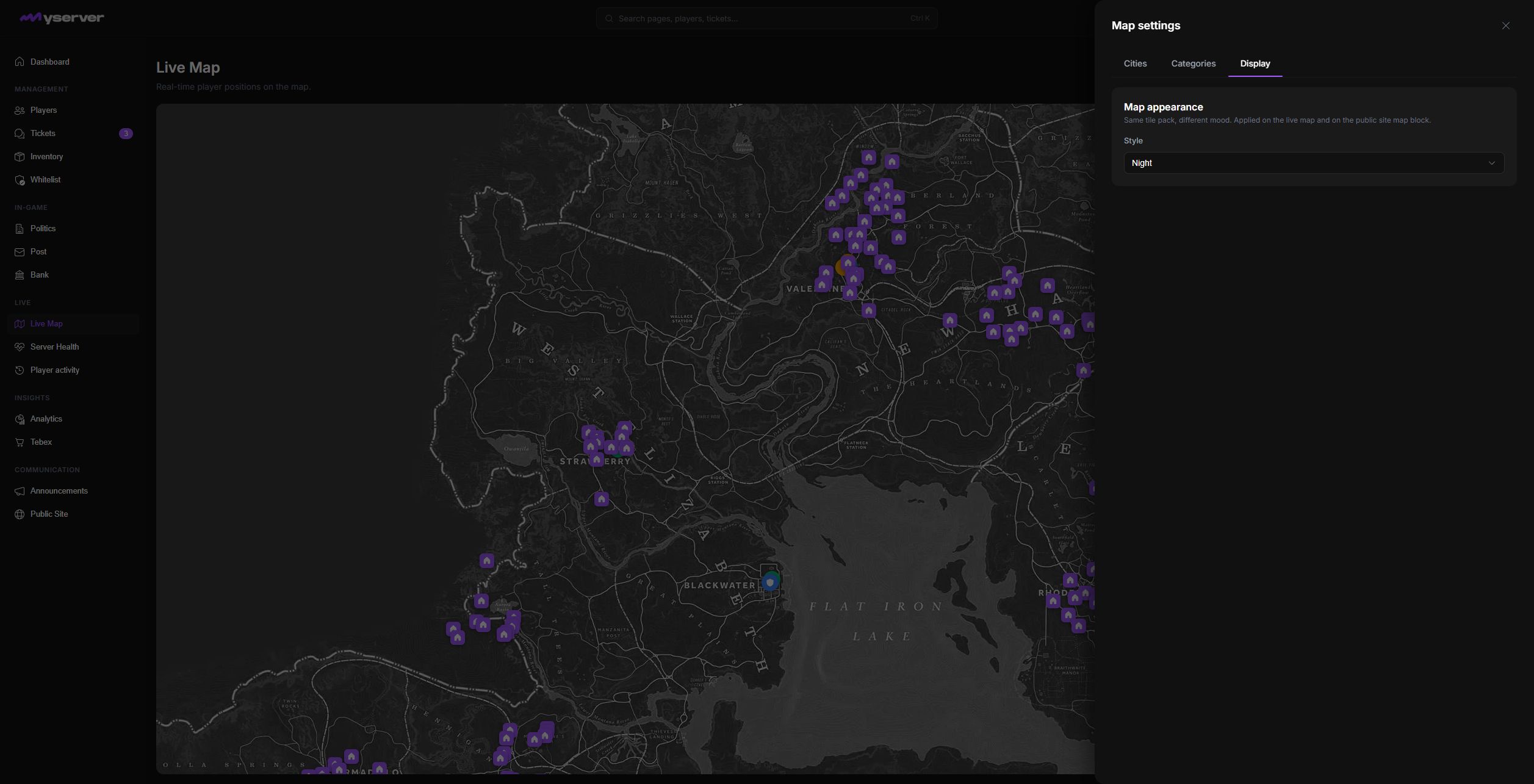 MyServer Map settings on the Display tab