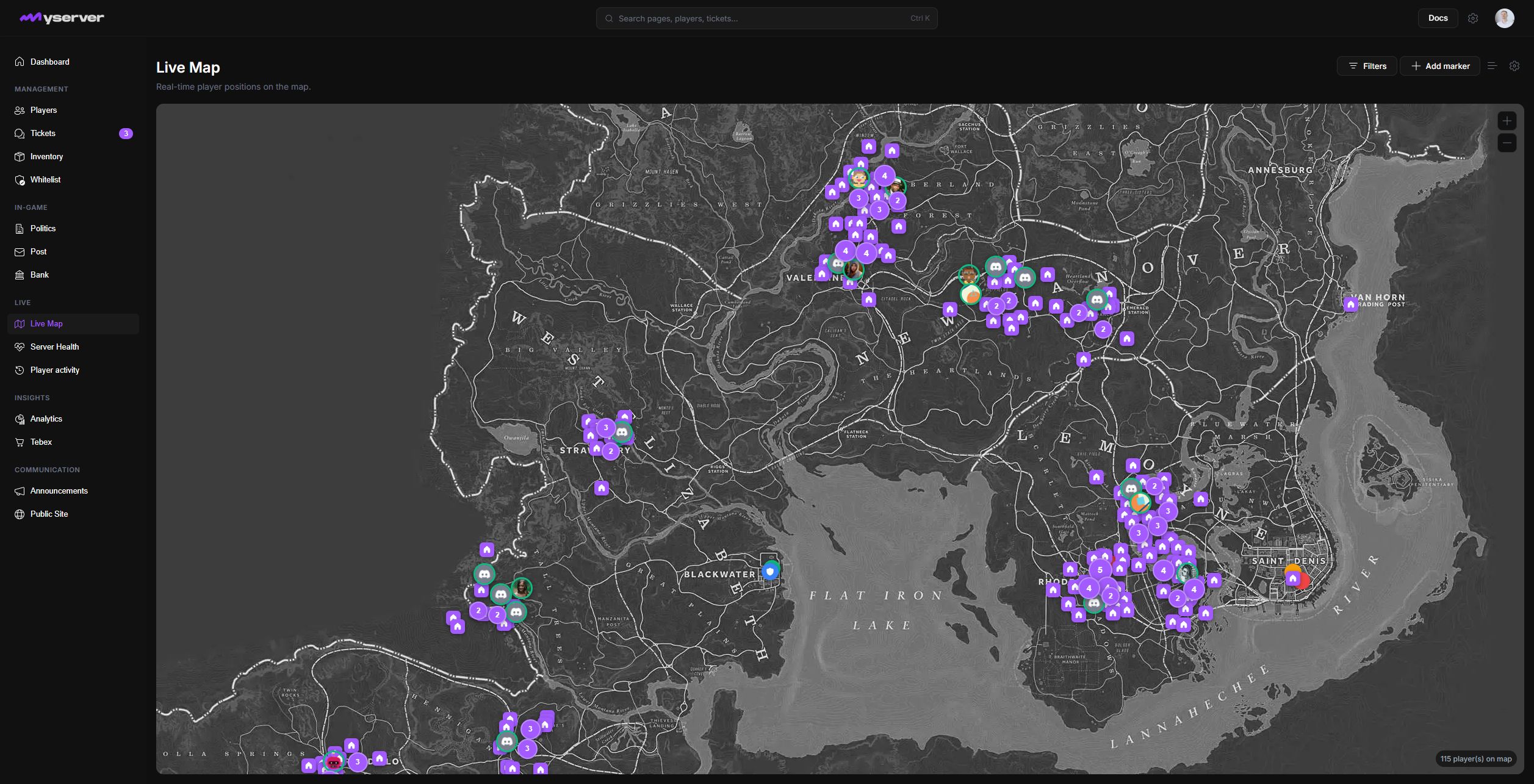 MyServer Live Map with player clusters, POIs, and naturally distributed property markers