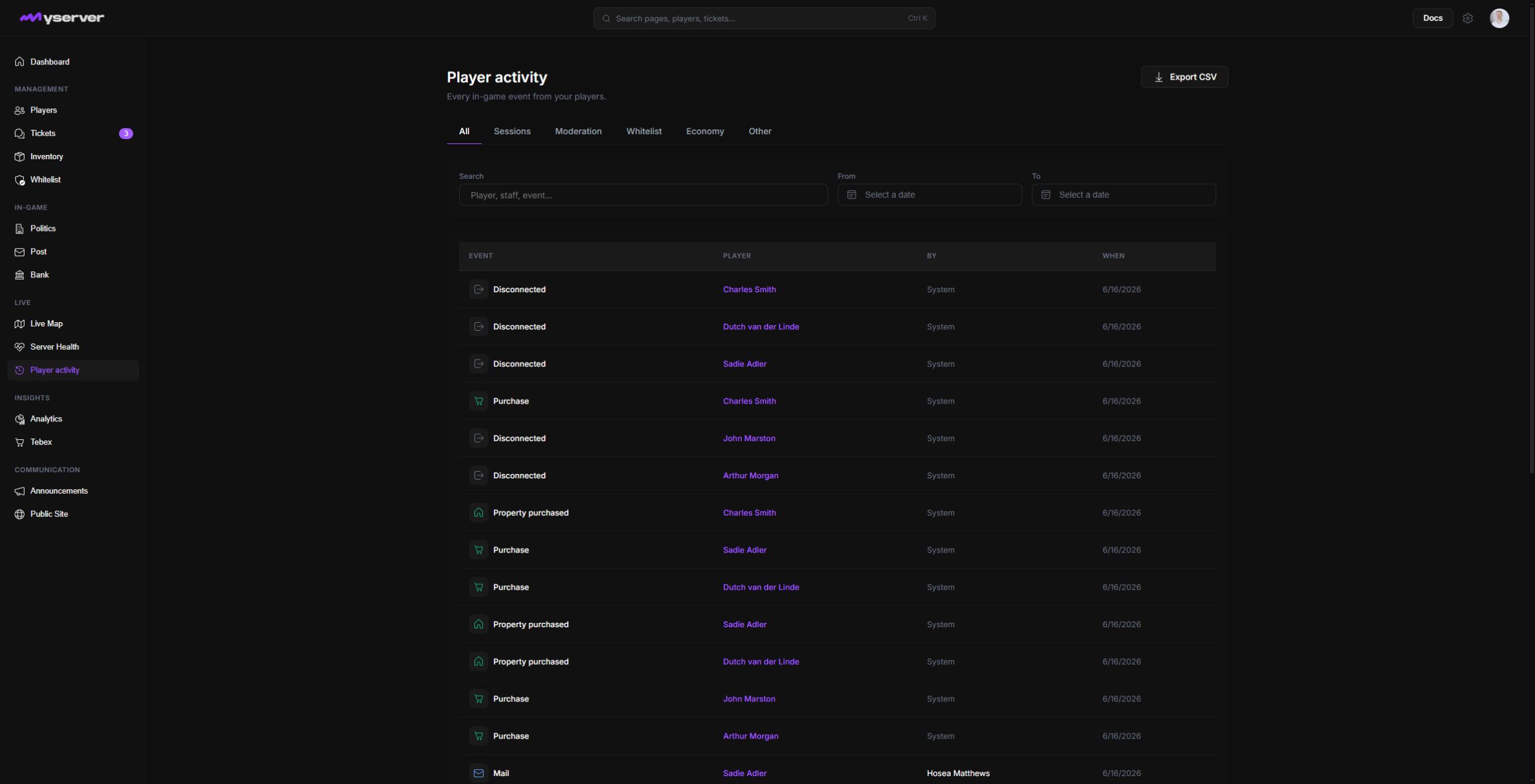 MyServer player activity feed