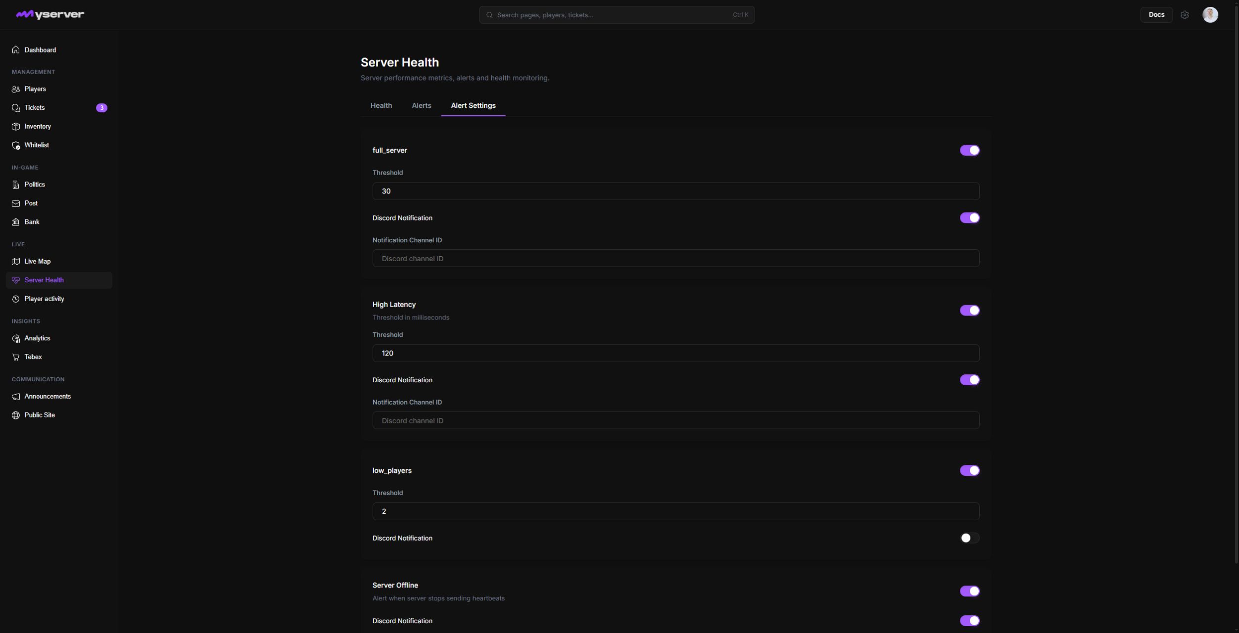 MyServer Alert Settings with server health rules and Discord notification controls