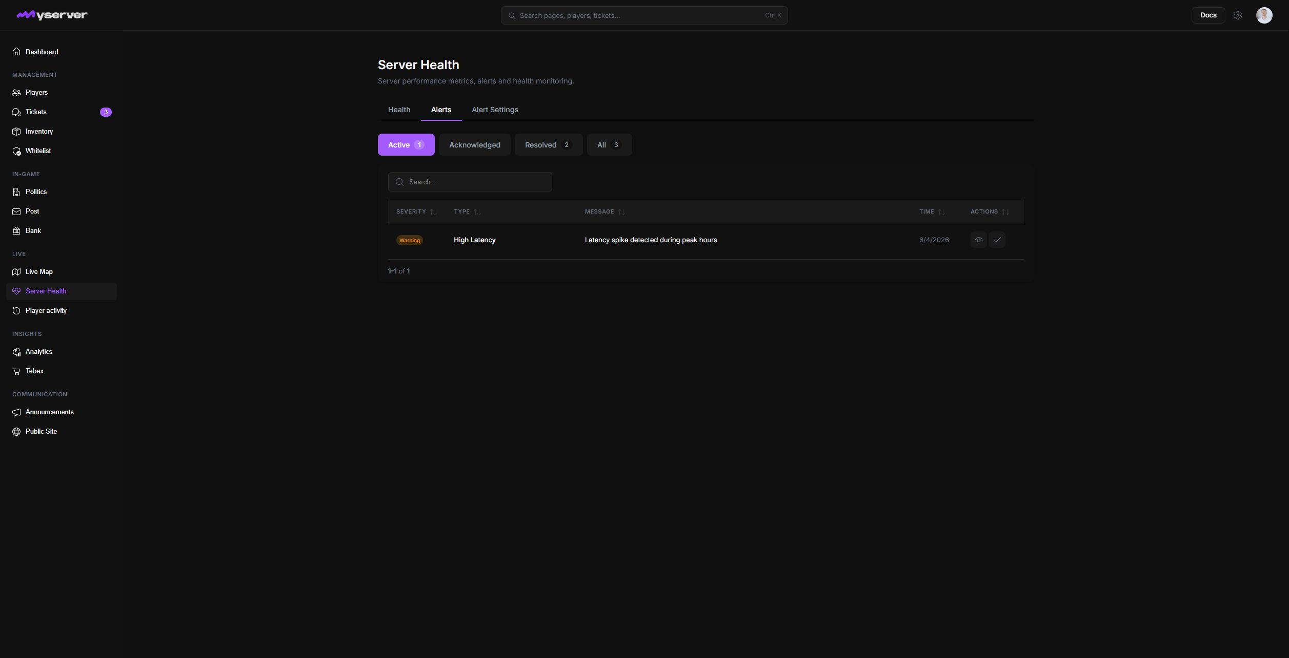 MyServer Server Health Alerts tab with an active latency alert