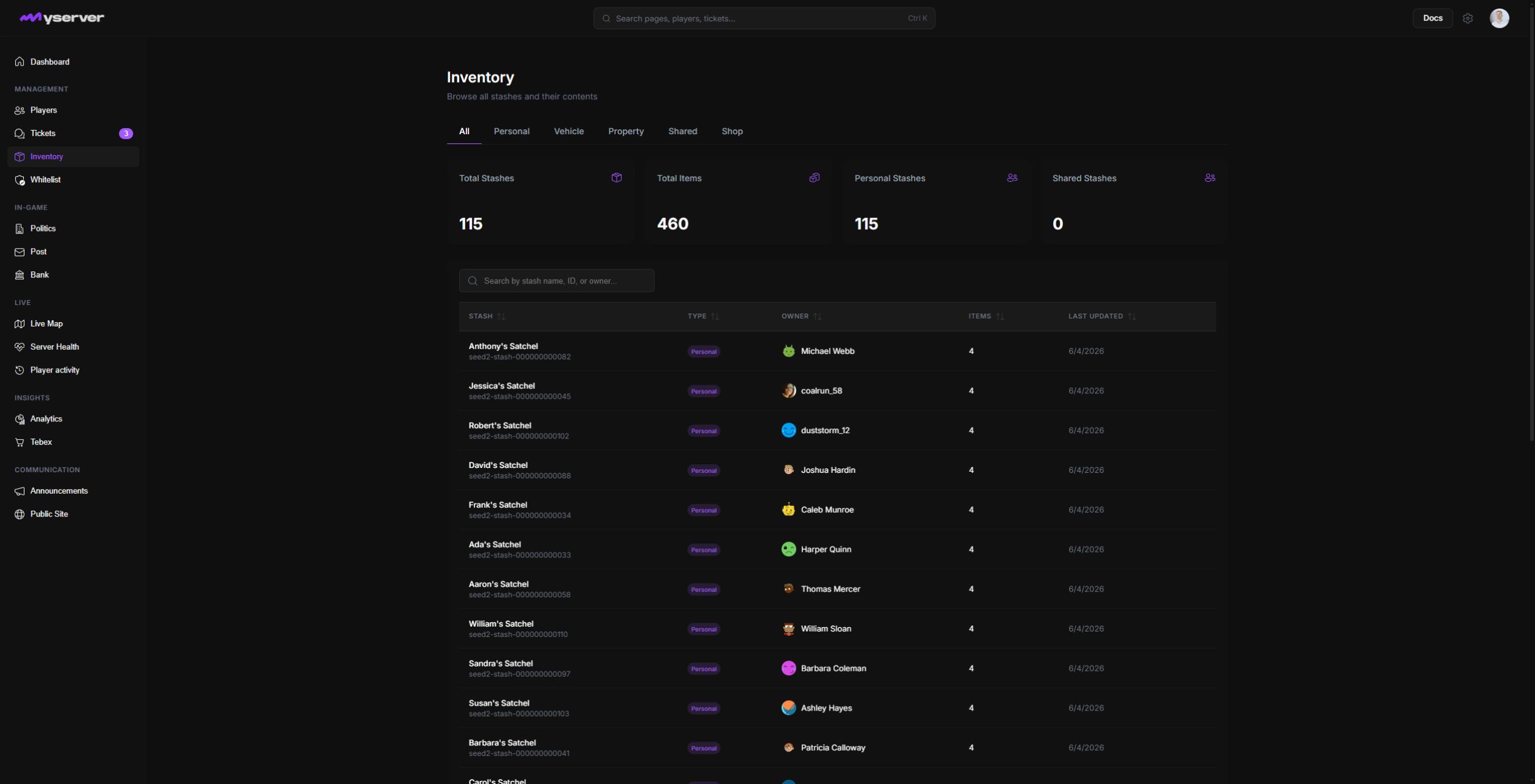 MyServer inventory page