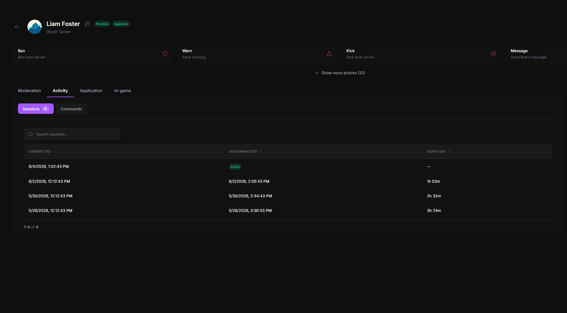 MyServer player profile activity sessions