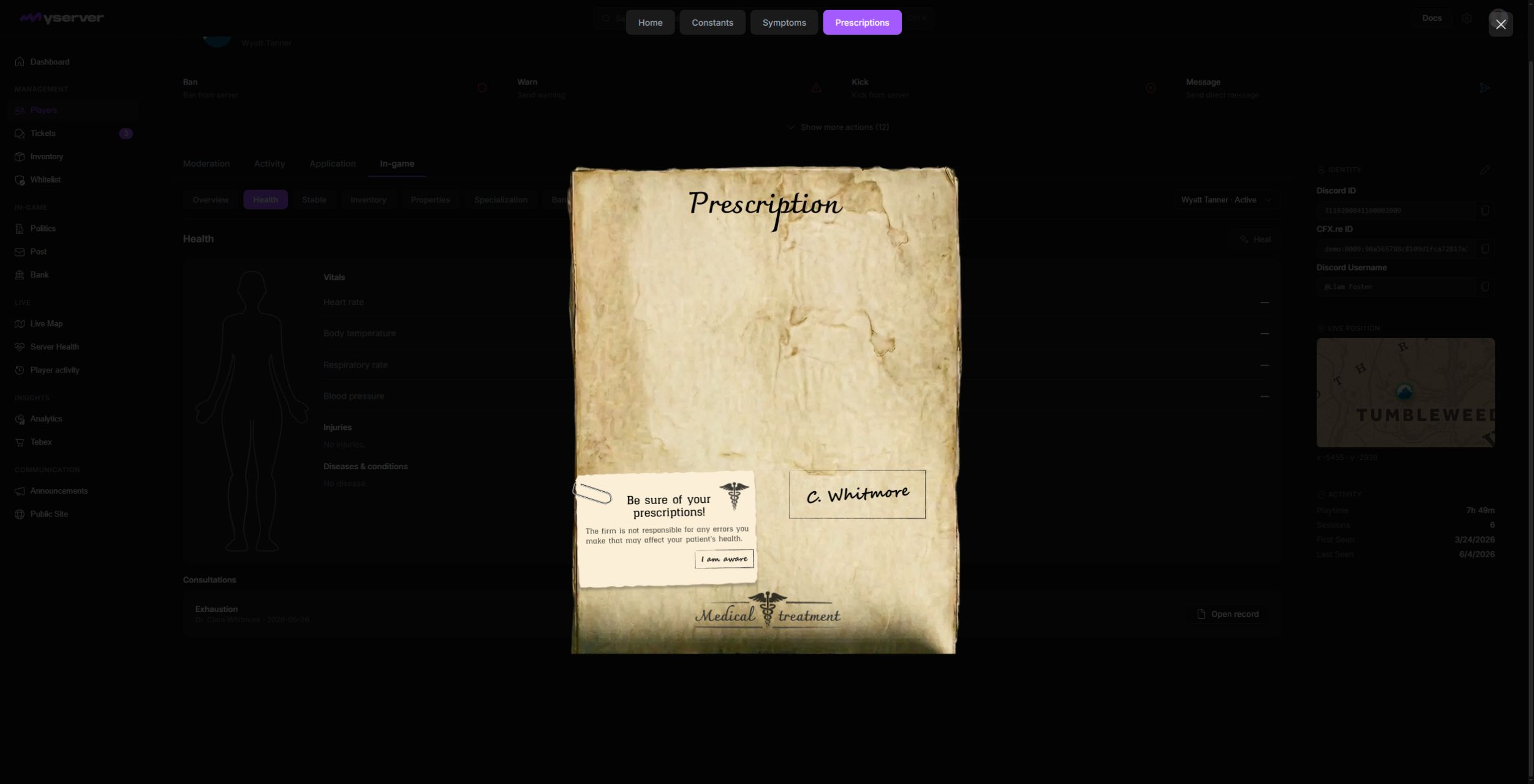 MyServer consultation Home tab with doctor, patient, reason, date, and notes