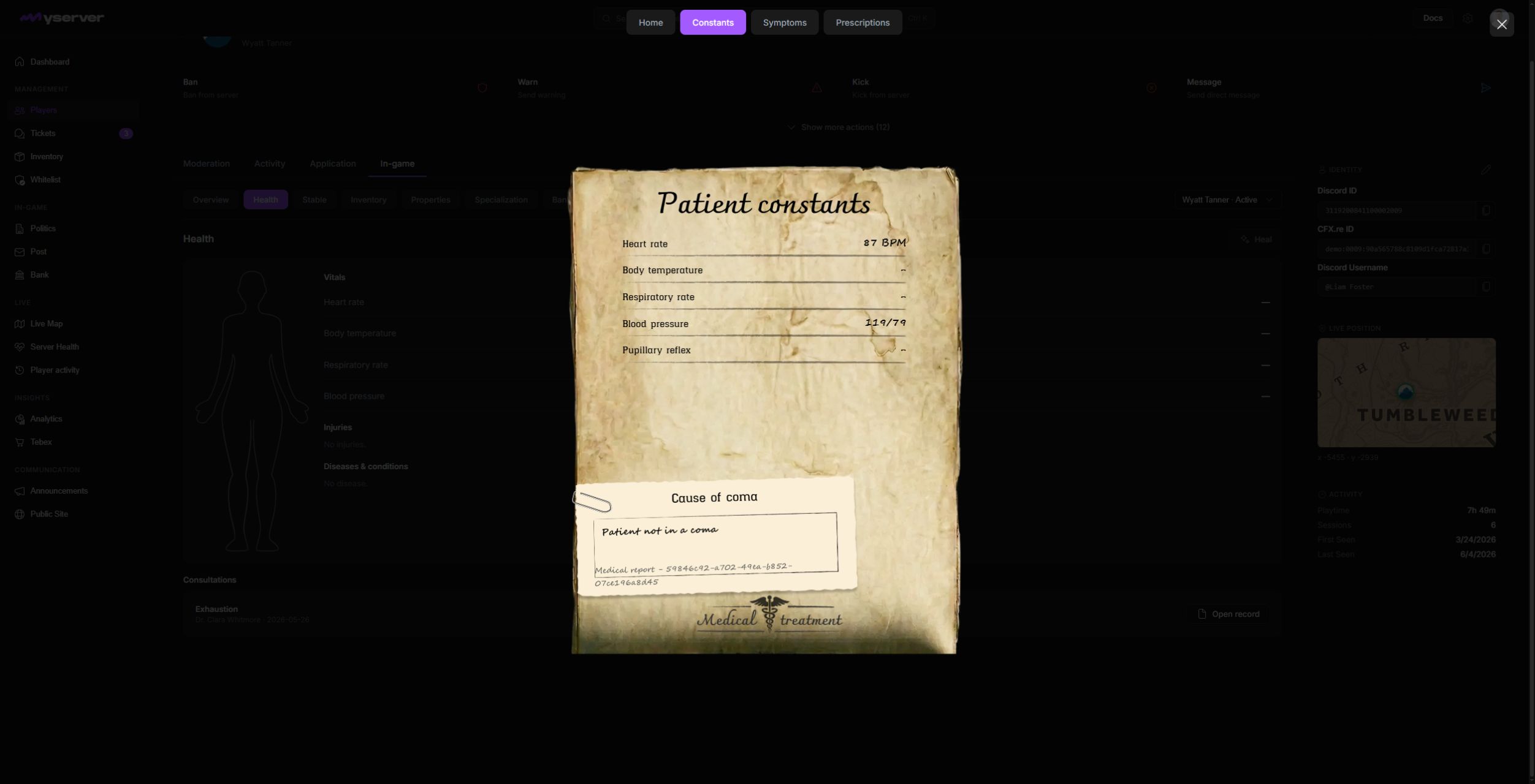 MyServer consultation Symptoms tab with the archived body diagram