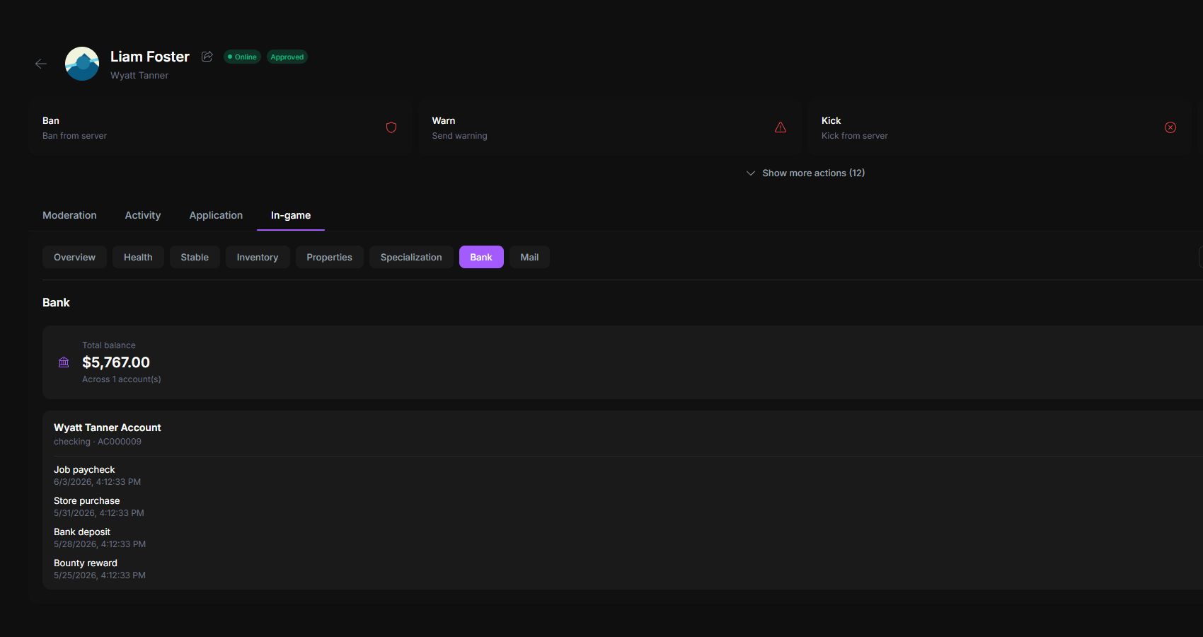 MyServer player profile bank account and transactions