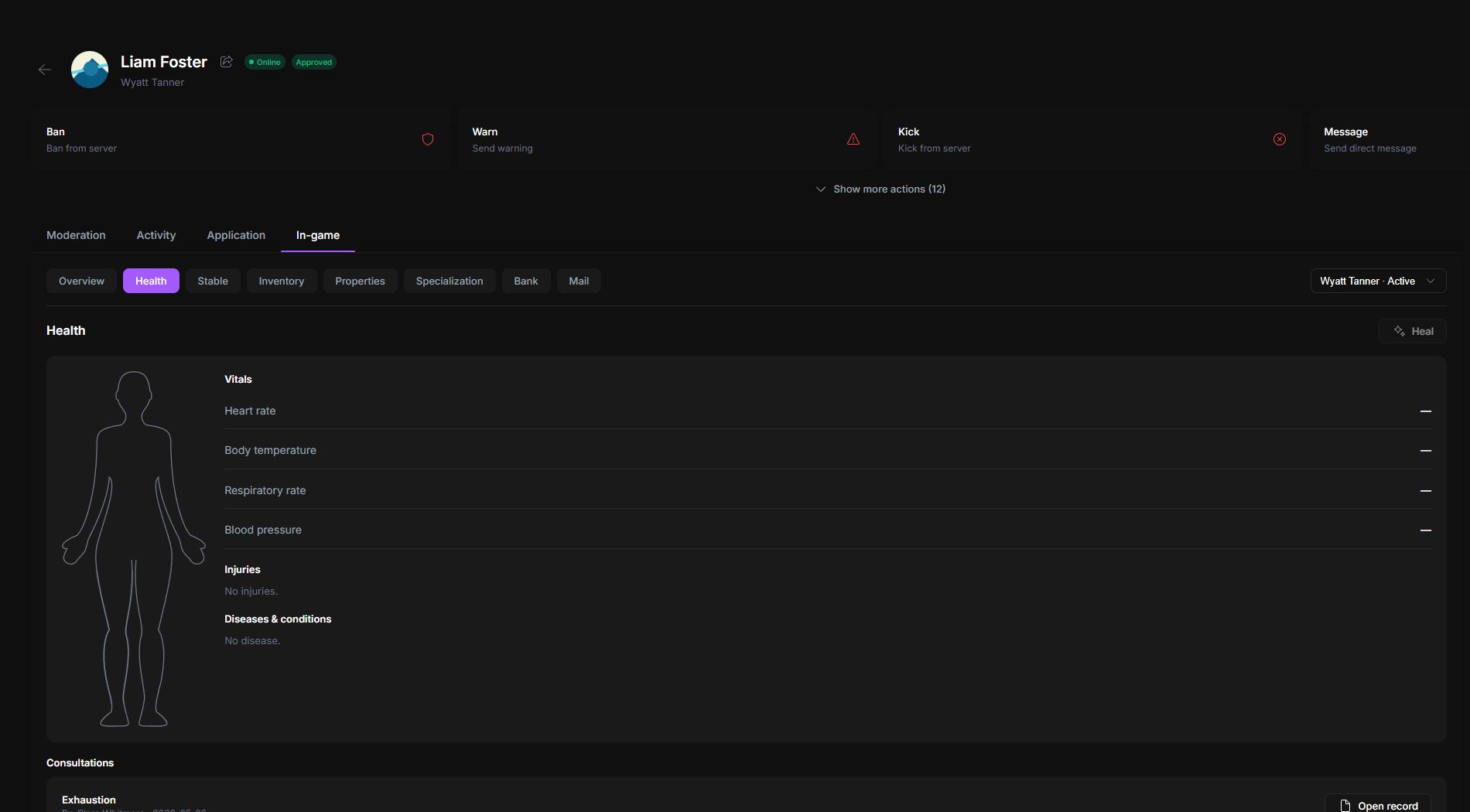 MyServer player profile health records