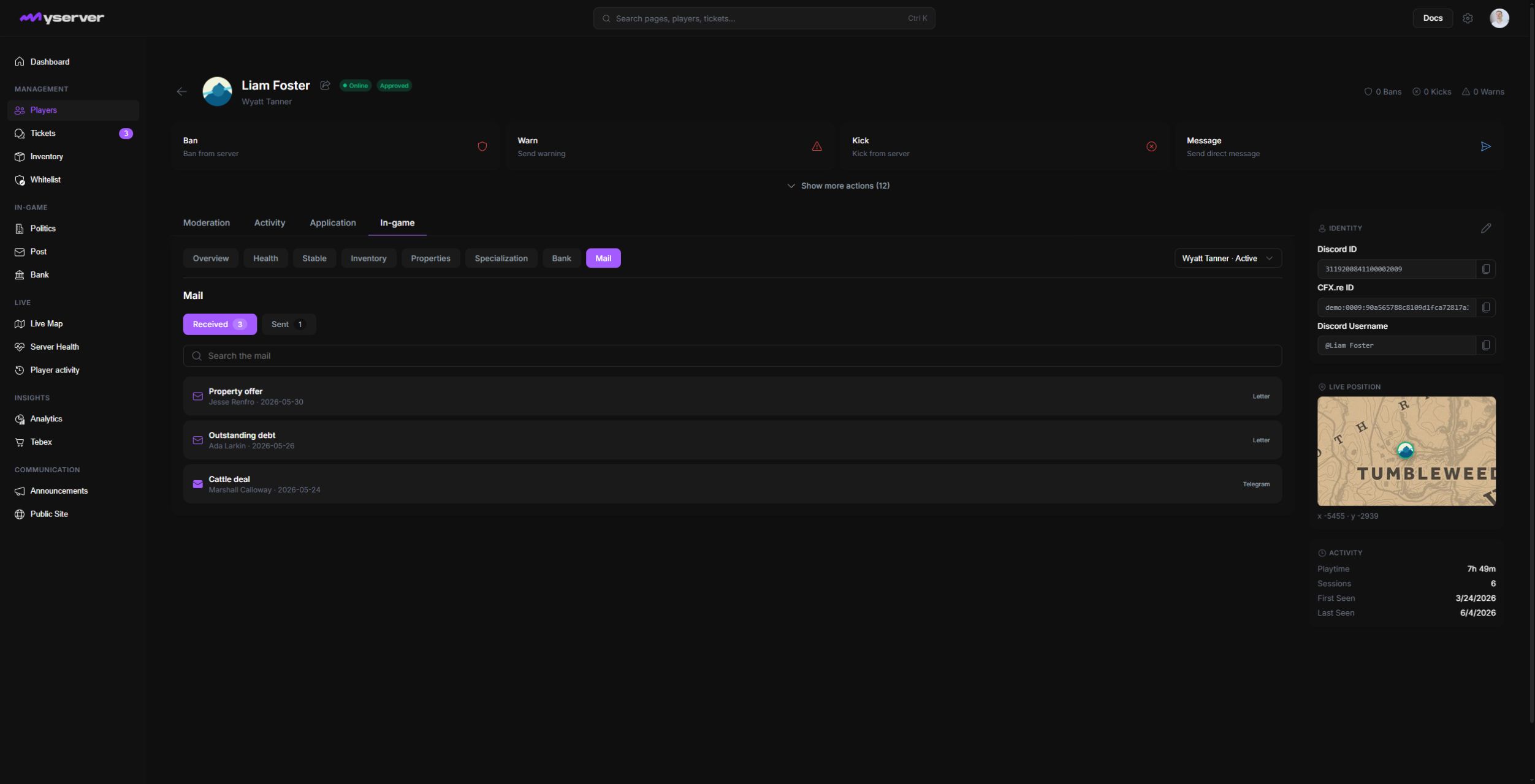 MyServer player profile received mail