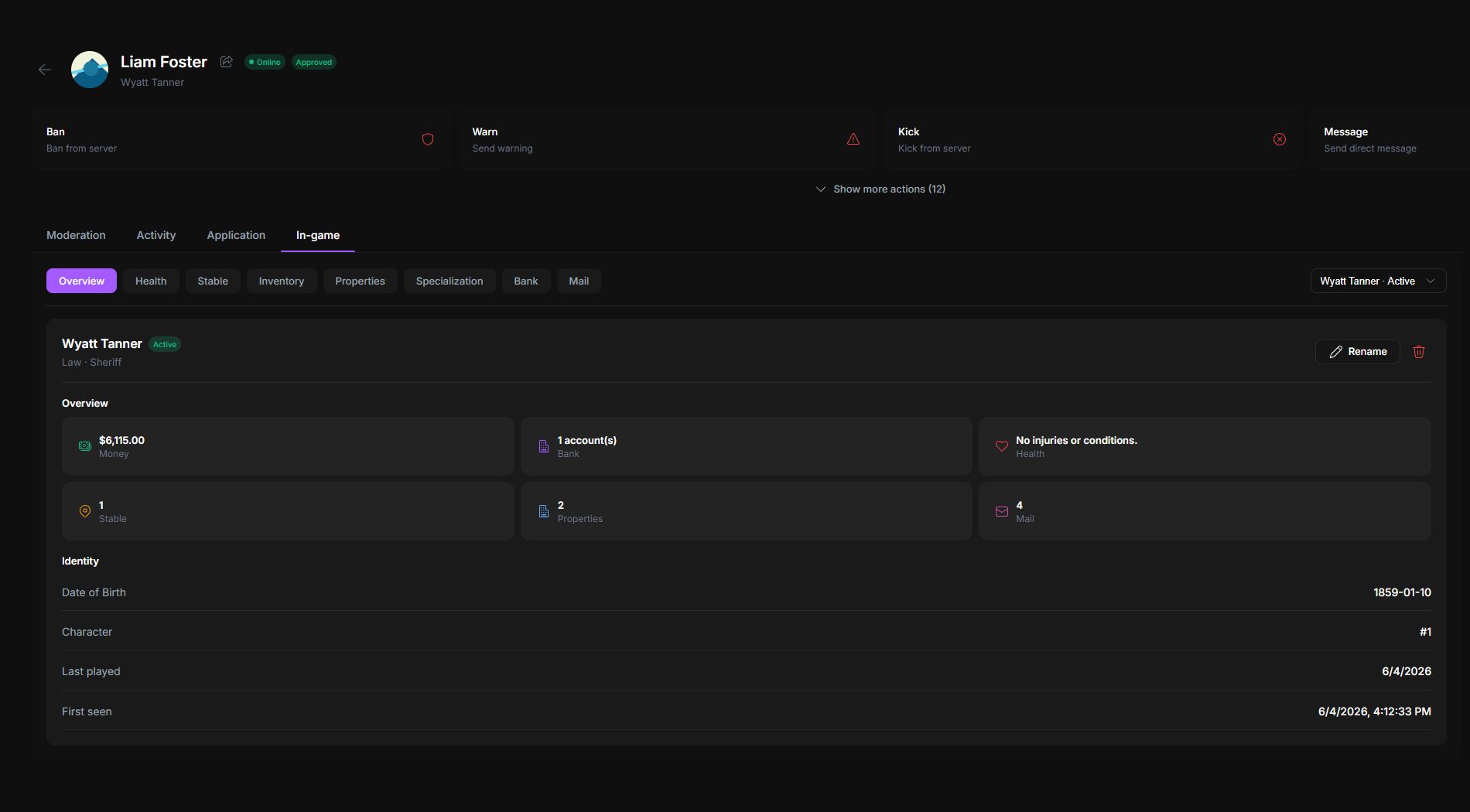 MyServer player profile in-game overview