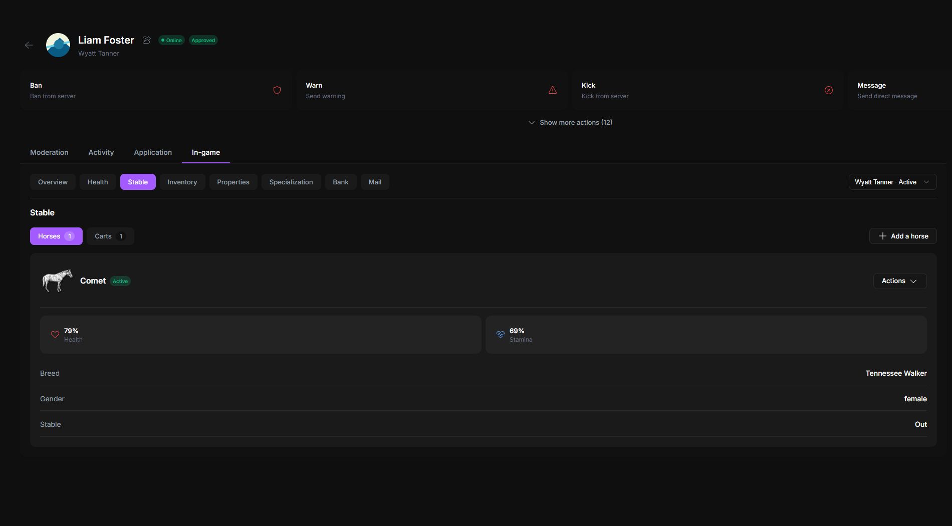 MyServer player profile stable and horse details