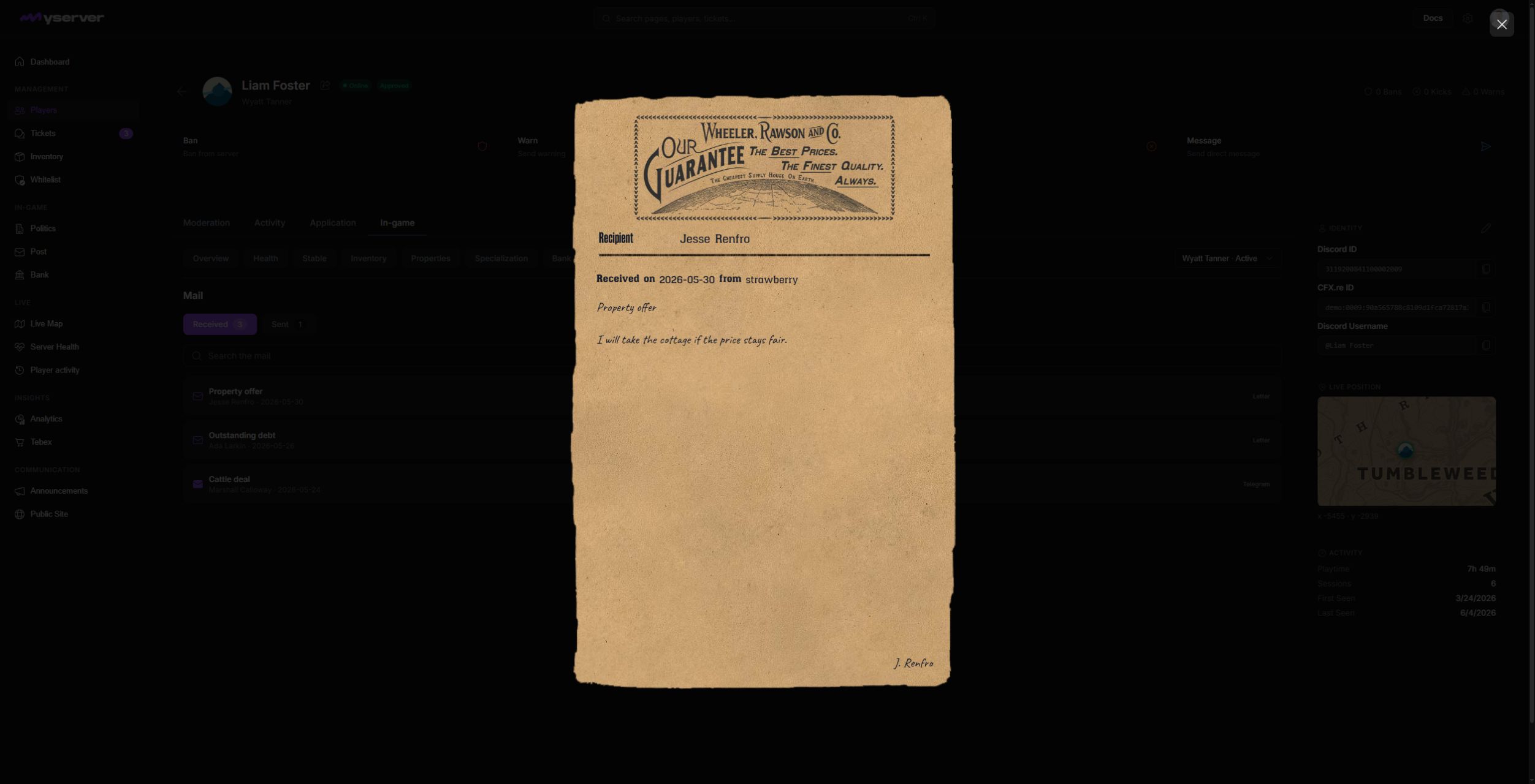 MyServer received letter opened from Player Profile