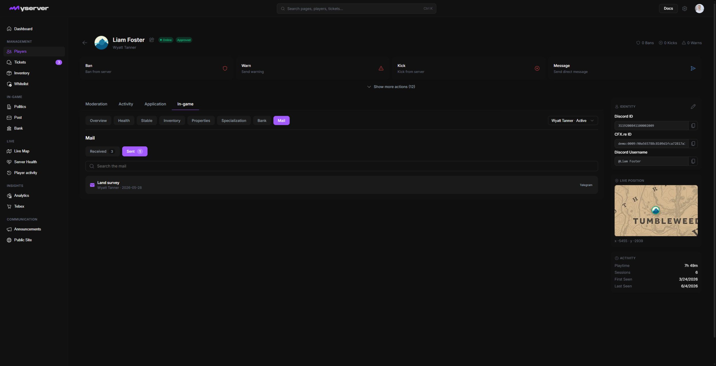 MyServer Sent tab with the selected character's outgoing mail