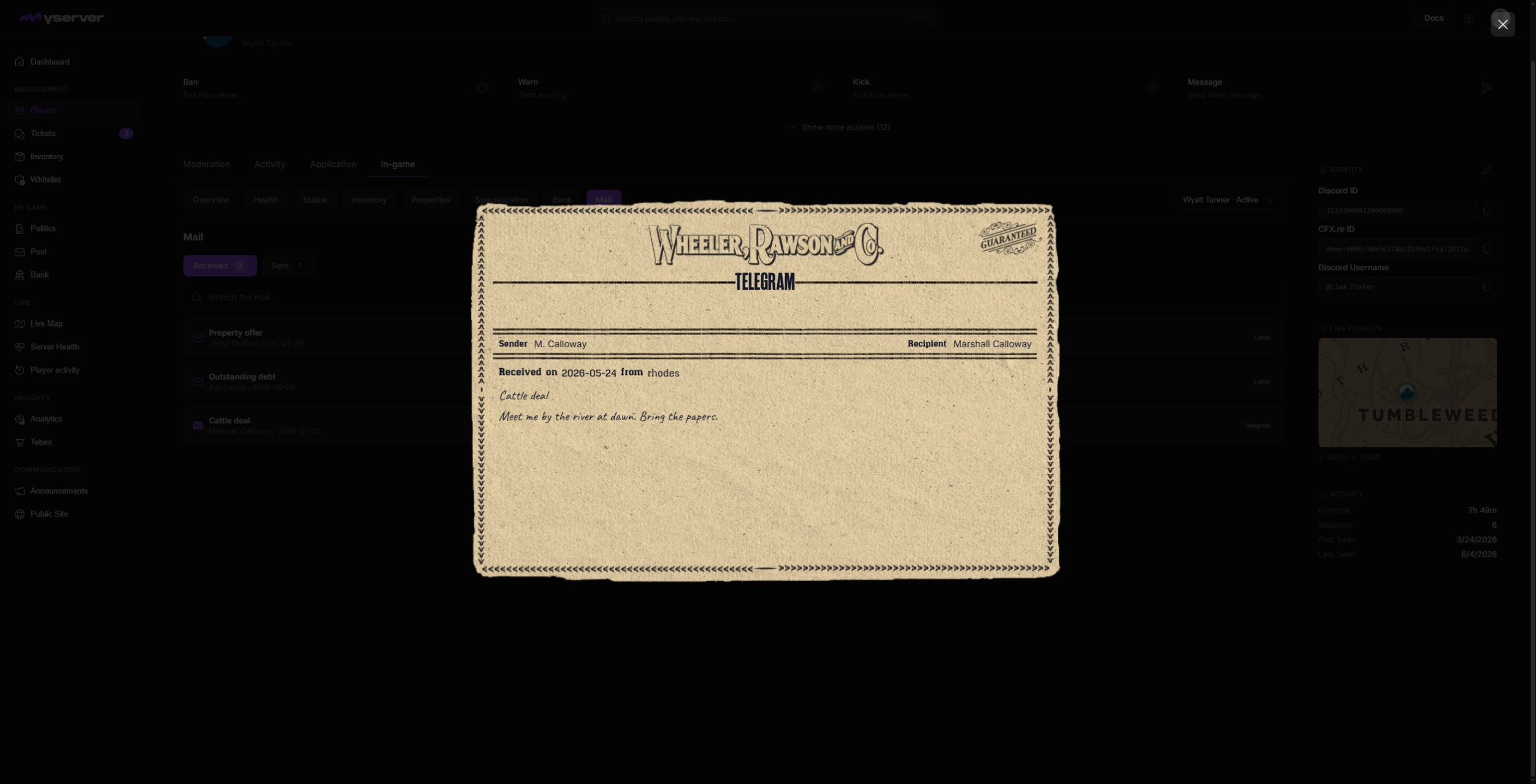 MyServer received telegram opened from Player Profile