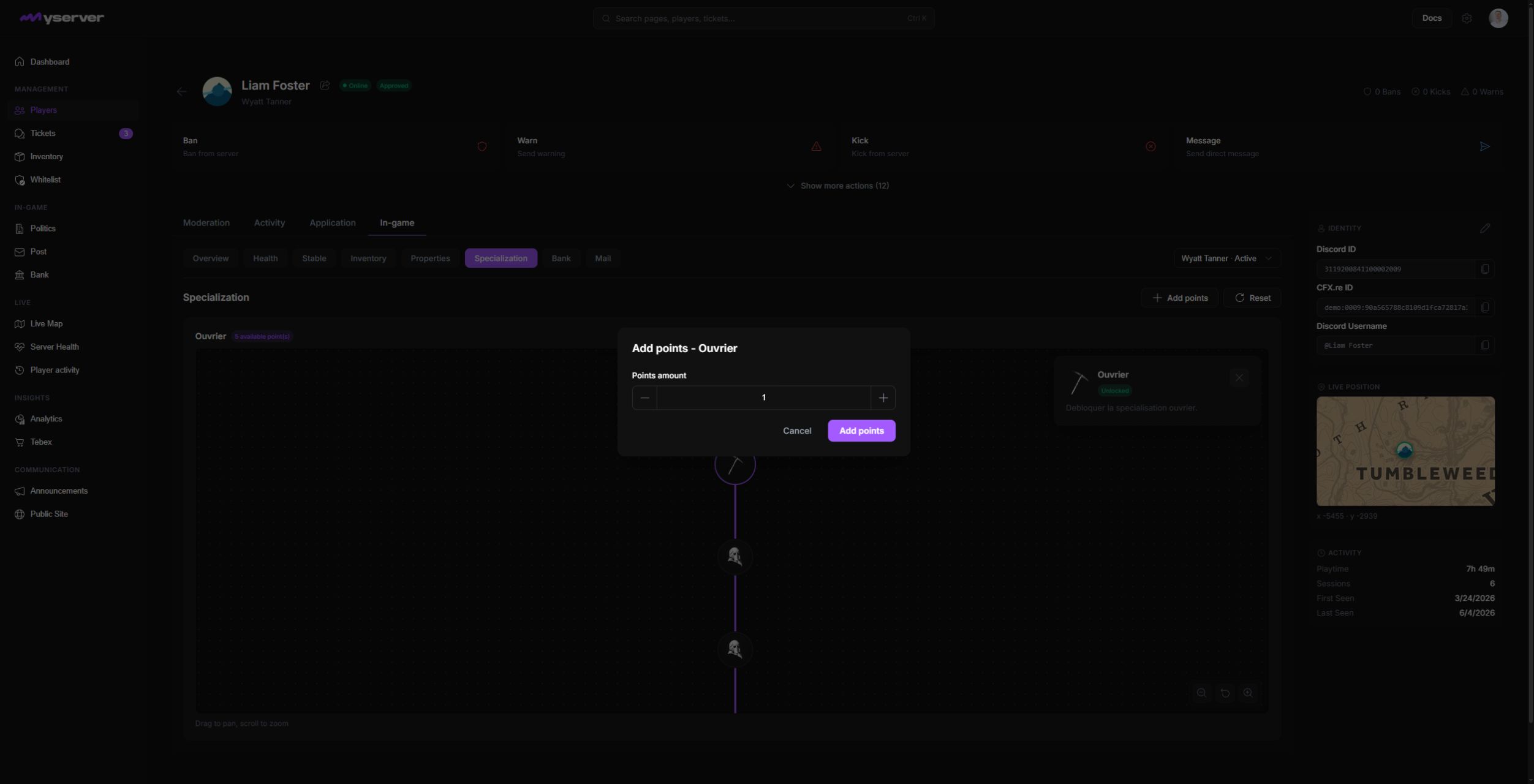 MyServer Add points dialog for the Ouvrier specialization