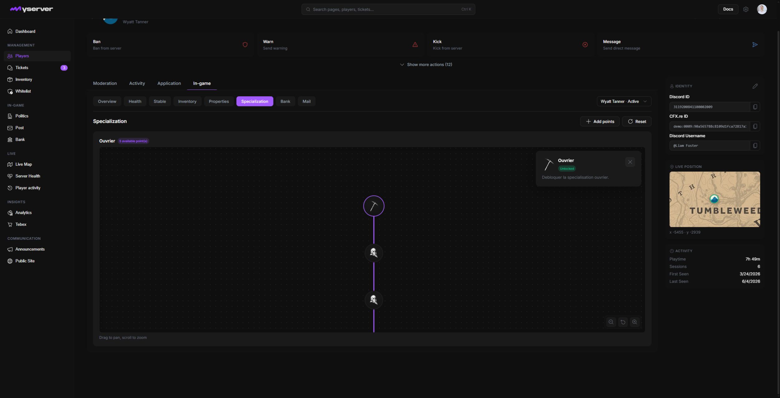 MyServer specialization node selected with its status, description, and node action