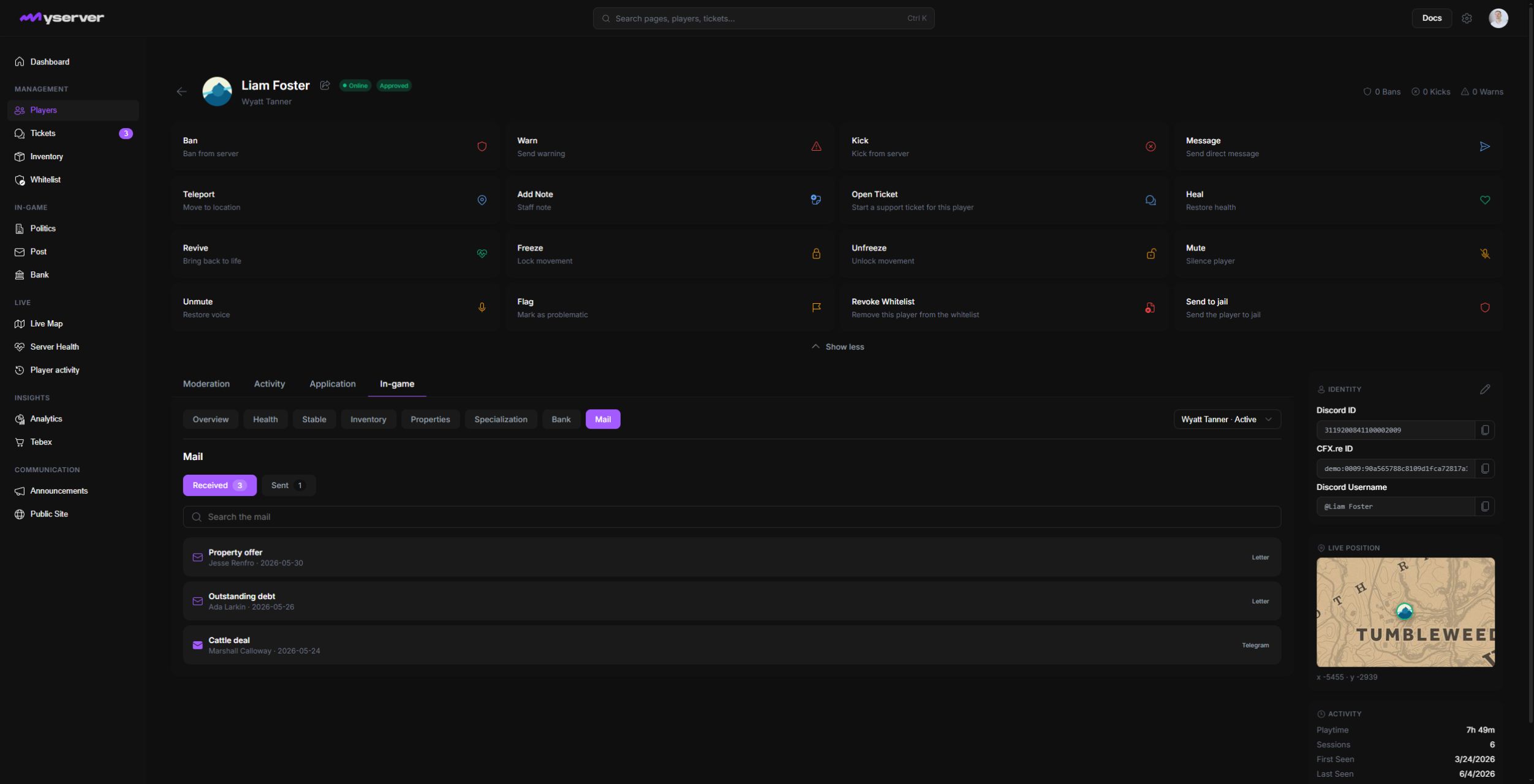 MyServer player profile with moderation actions and in-game data