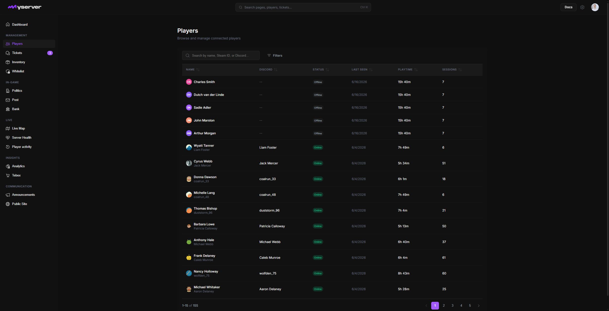 MyServer player directory with online status and session data