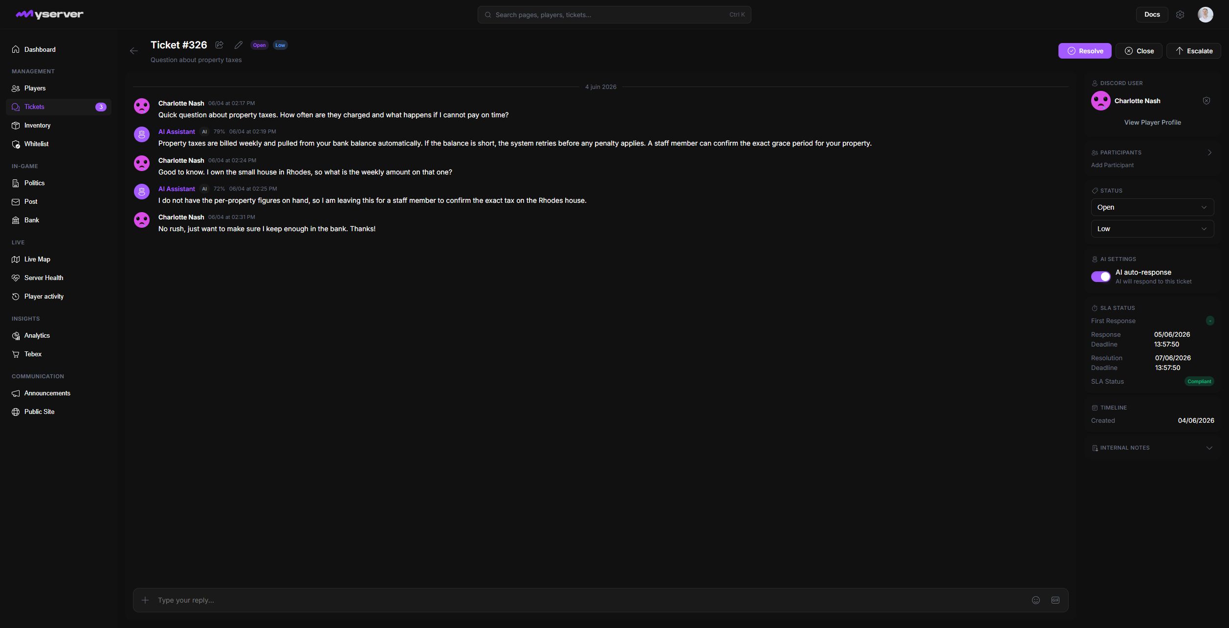 MyServer ticket detail with conversation, actions, requester context, and SLA