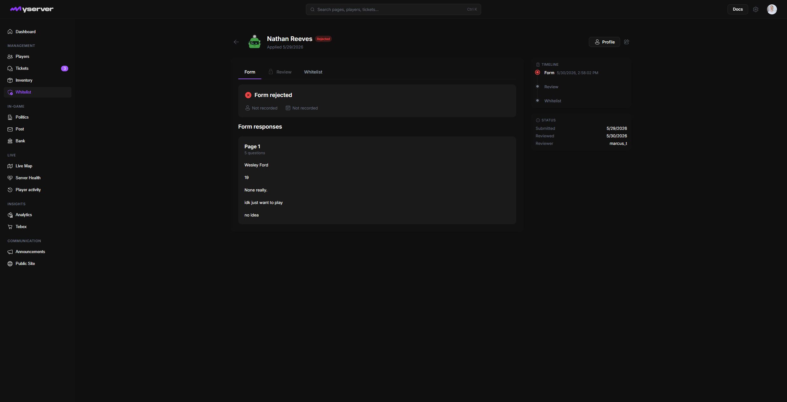 MyServer whitelist application on the Form tab with submitted answers and timeline