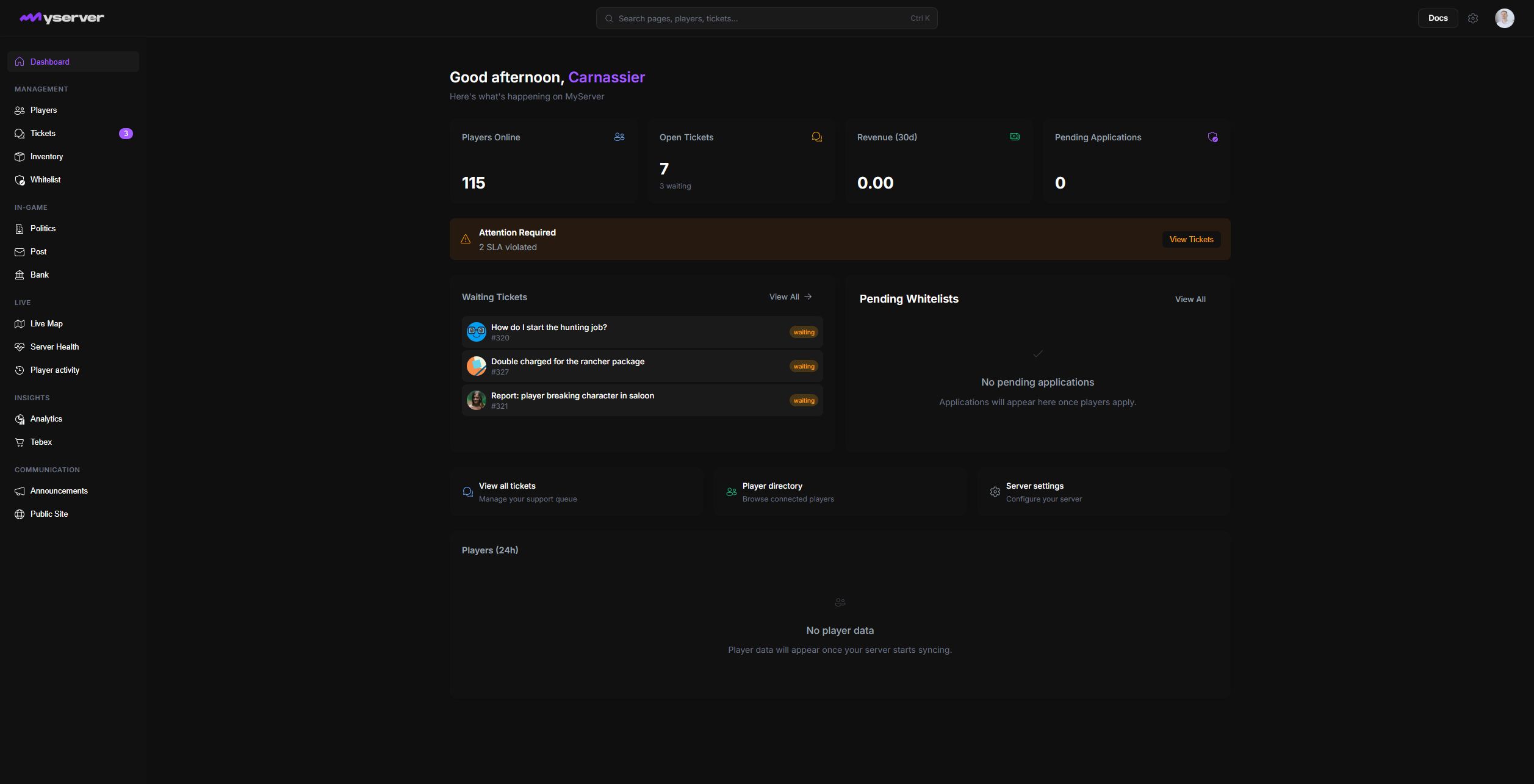 MyServer dashboard with live server and community information